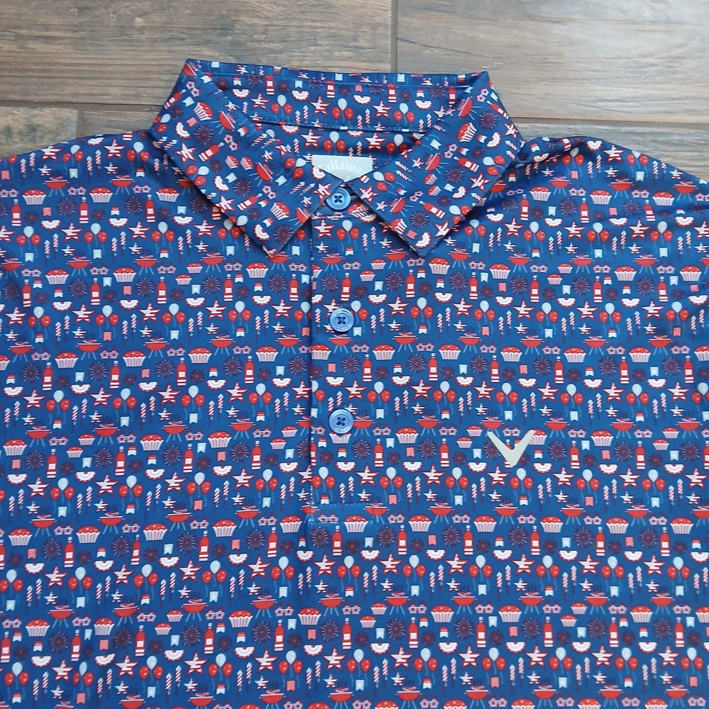 Callaway Opti-Dri Polo Mens‎ Small Blue Golf AOP BBQ Fourth of July Stretch Flex